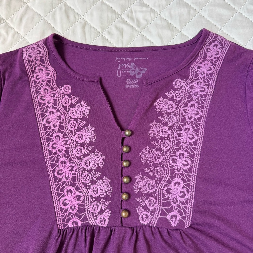 Just My Size Purple Embroidered Boho Blouse 2X